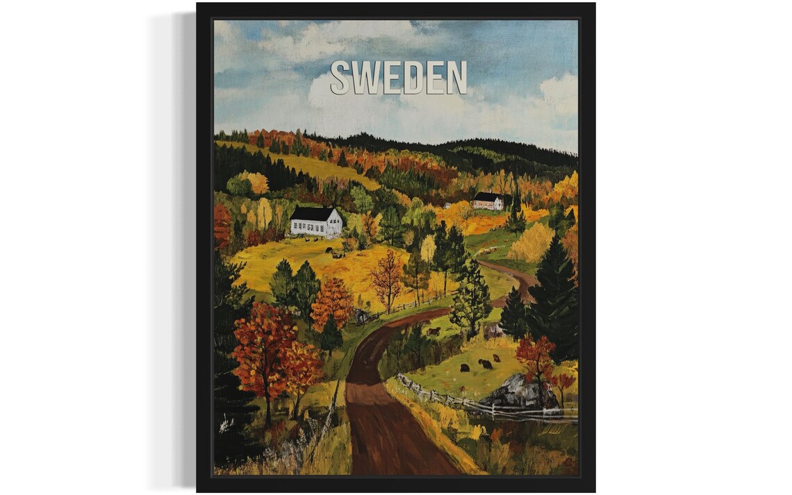 Sweden Autumn Farmland Vintage Travel Poster Artwork Scenic View
