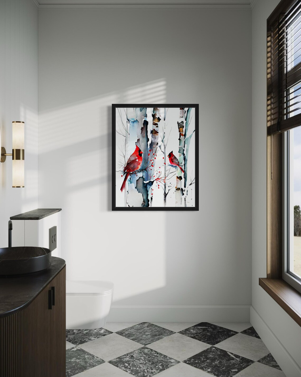 Pair of Red Cardinals on Snowy Birch Trees Winter Watercolor Poster - Image 4