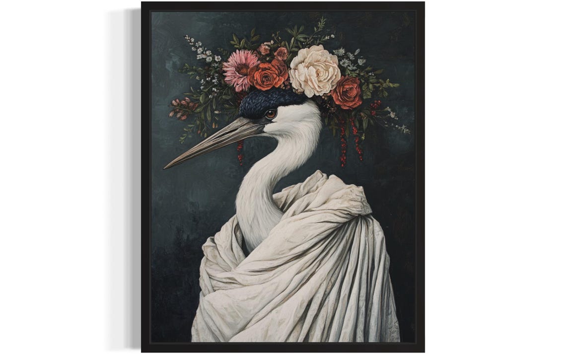 White Crane Portrait with Flower Crown White Drape Art Poster