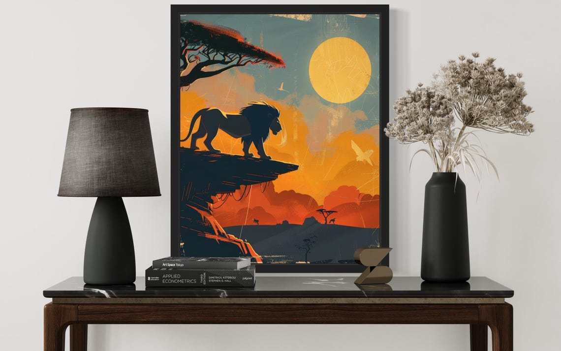 Lion Silhouette Standing on a Rocky Ledge African Sunset Art Poster - Image 2