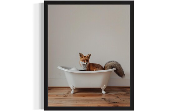 Red Fox Curled Up in a White Clawfoot Bathtub Minimalist Photo Poster