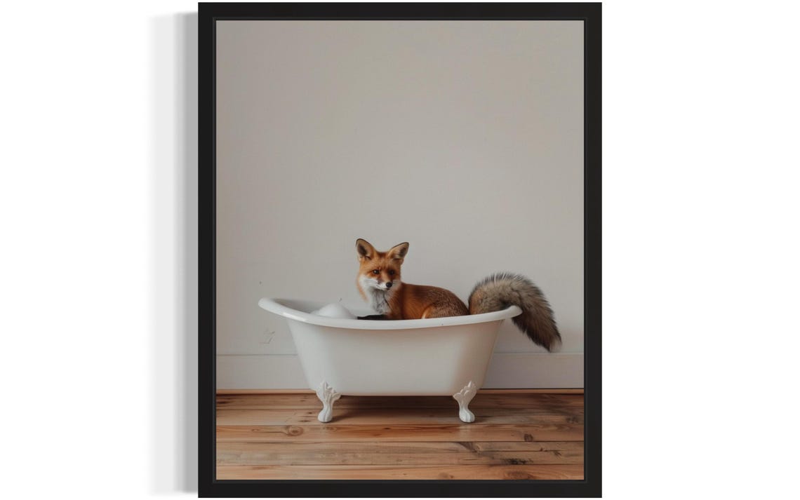 Red Fox Curled Up in a White Clawfoot Bathtub Minimalist Photo Poster