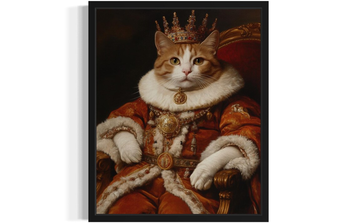 Cat King Royal Crown Red Robe Oil Painting Funny Portrait Poster