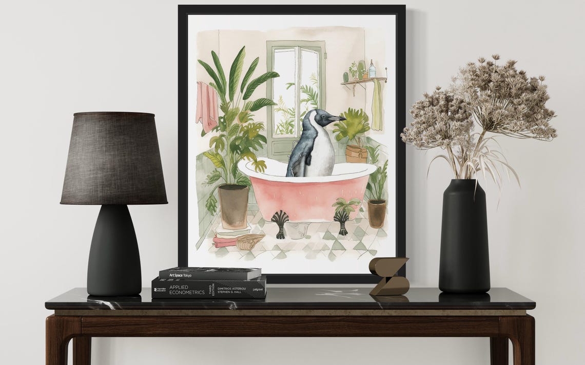 Penguin Standing in a Pink Bathtub Watercolor Bathroom Poster Art - Image 2