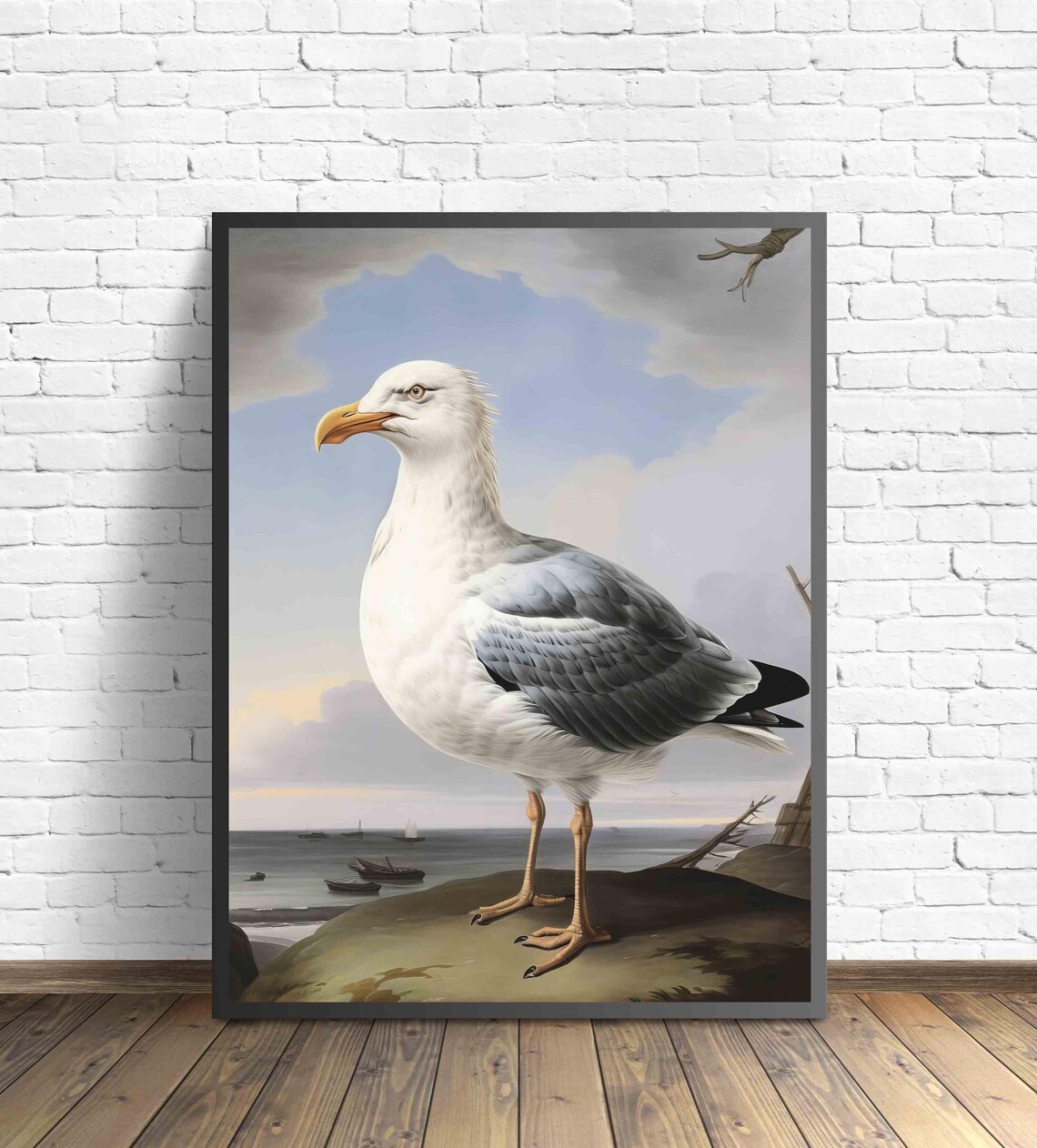 Seagull Standing On Coastal Rock With Boats Vintage Bird Poster - Image 3