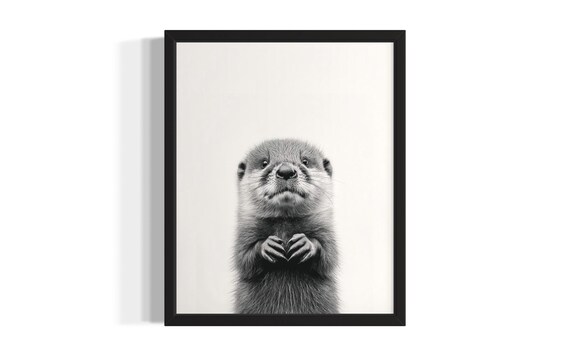 Adorable Baby Otter Standing Black and White Minimalist Animal Poster