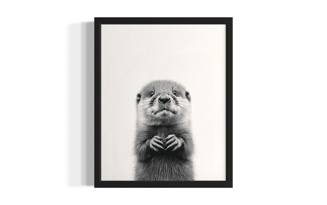 Adorable Baby Otter Standing Black and White Minimalist Animal Poster