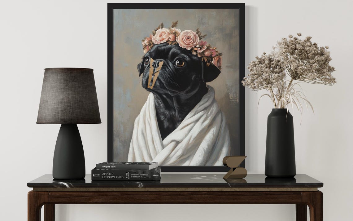 Black Pug Flower Crown Clothespin Funny Bathroom Decor Poster - Image 2