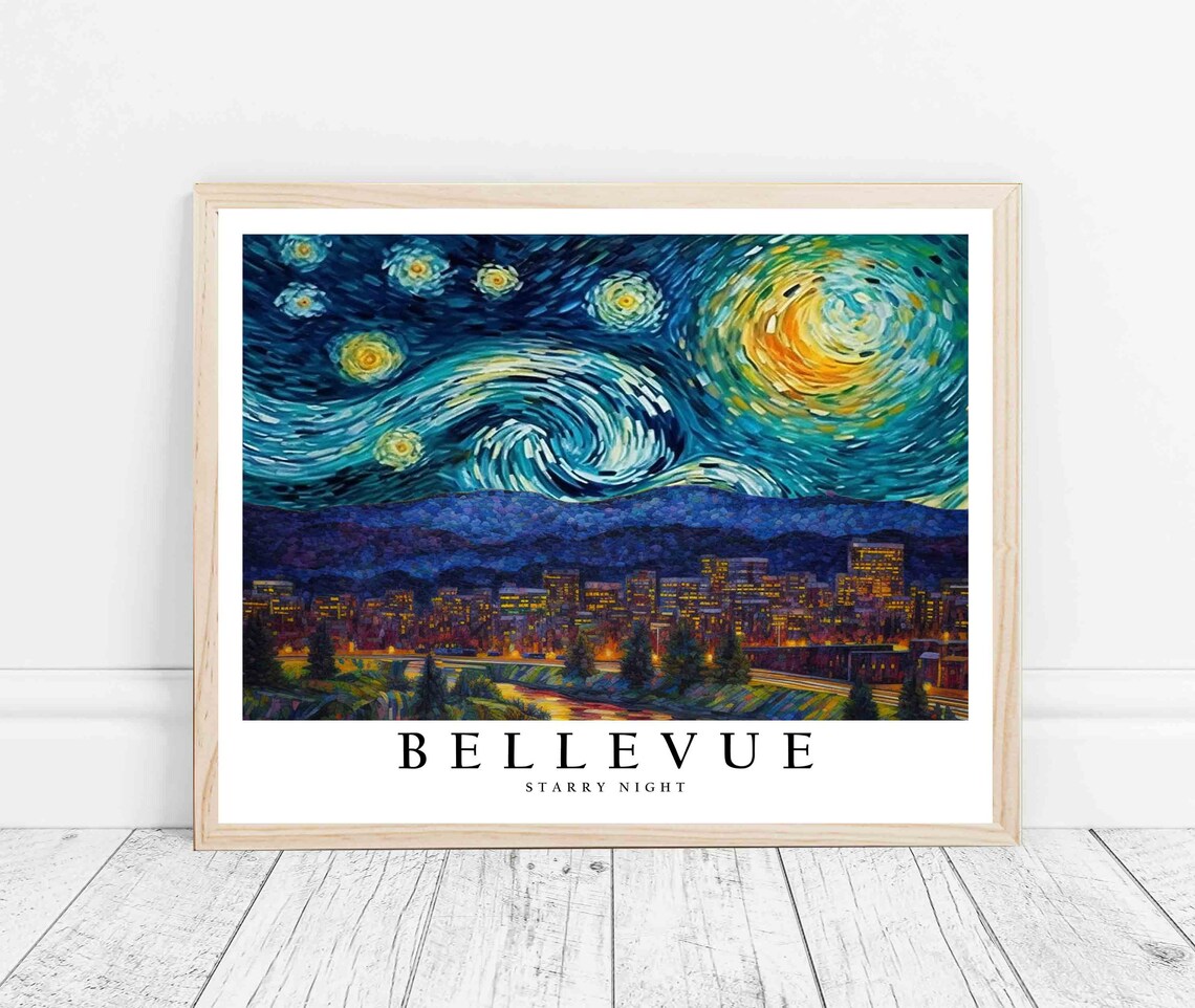 Bellevue Washington Starry Night City Lights Skyline Art Poster - Image 3