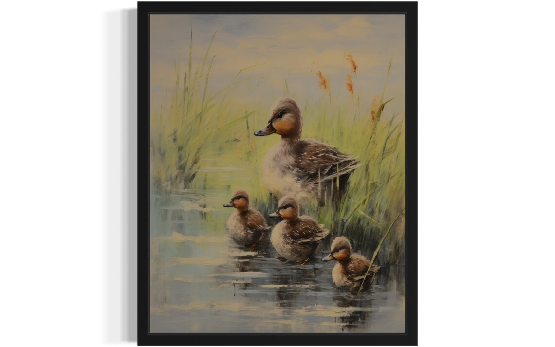 Duck Family with Ducklings Swimming in Marsh Reeds Vintage Poster