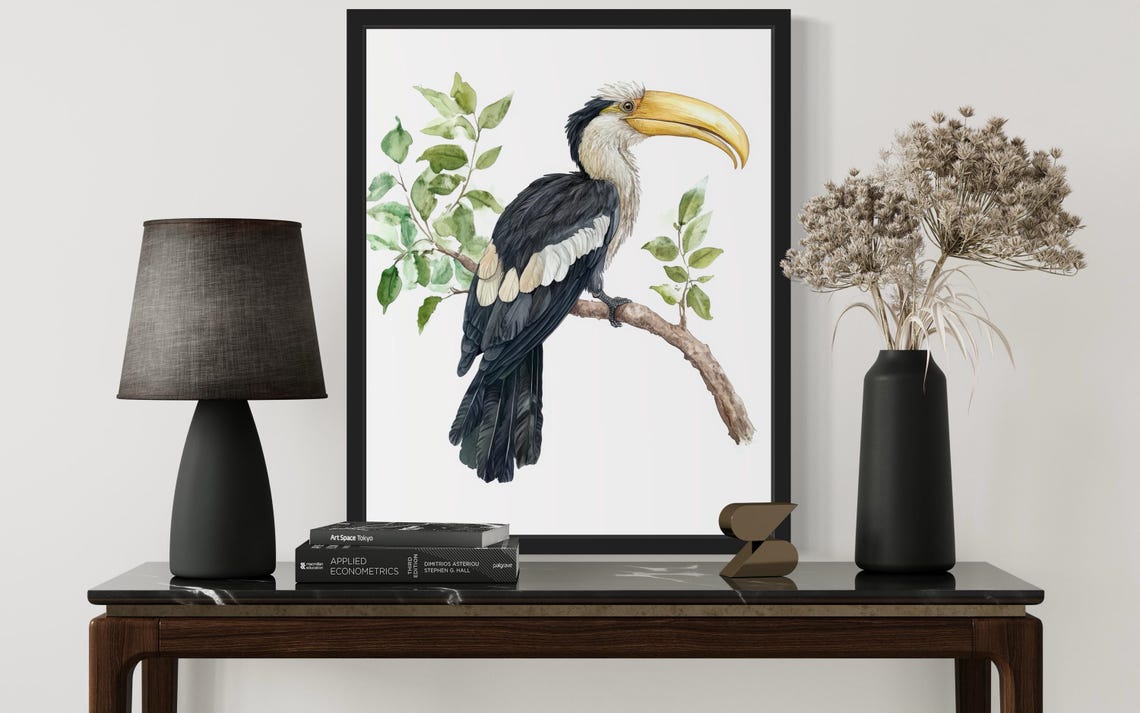Hornbill with a Yellow Bill on a Leafy Branch Watercolor Poster - Image 2