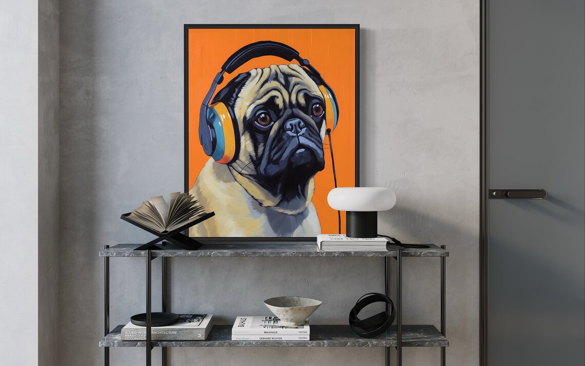 Pug Dog Wearing Headphones Bright Colorful Pop Art Portrait Poster - Image 2