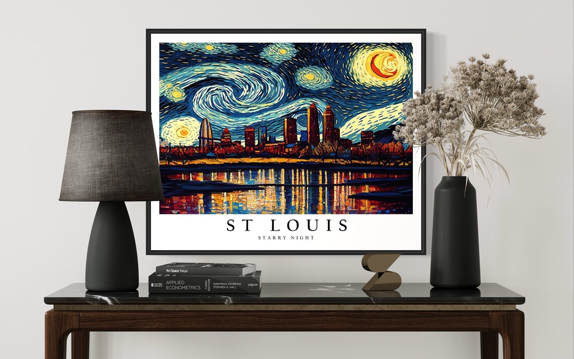 St Louis Missouri Starry Night Skyline River Reflection City Art Poster - Image 3