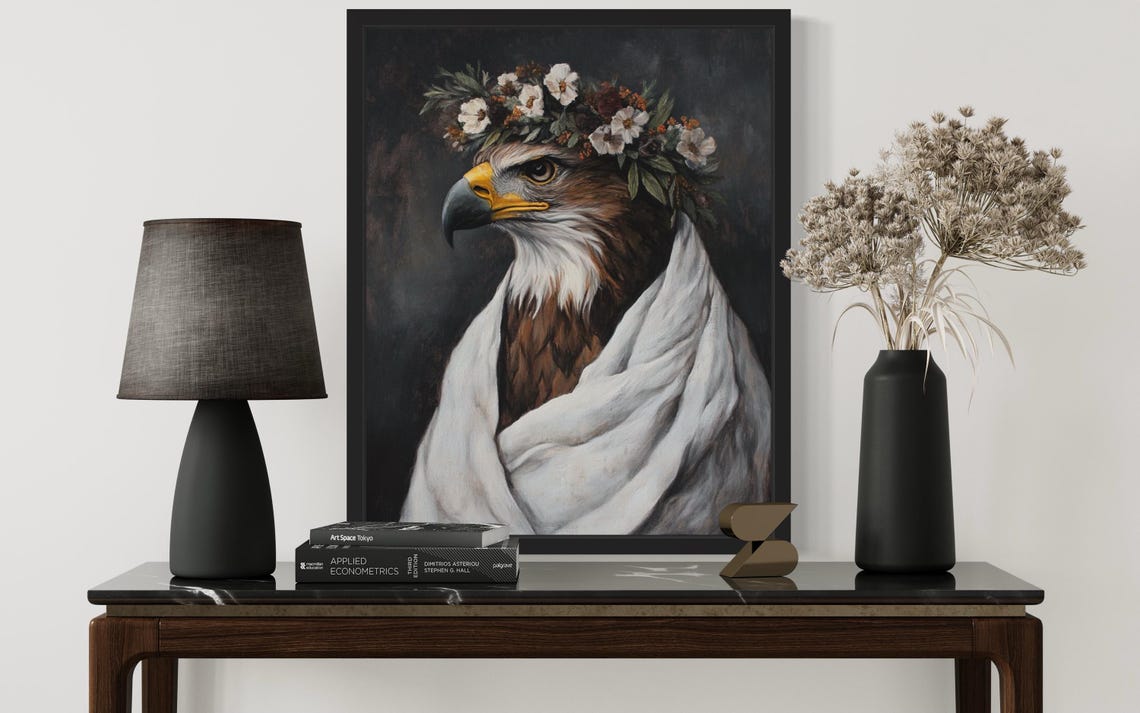 Eagle Portrait with White Flower Crown White Drape Art Poster - Image 2
