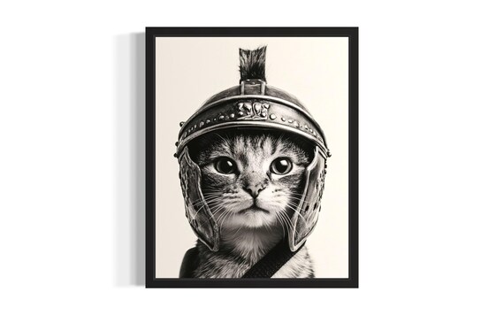 Roman Gladiator Cat Helmet Black and White Funny Pet Portrait Poster