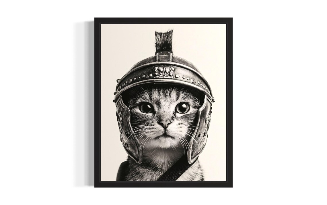 Roman Gladiator Cat Helmet Black and White Funny Pet Portrait Poster