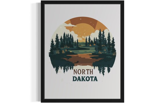 North Dakota Sunset Over Pine Forest Lake Vintage Travel Poster