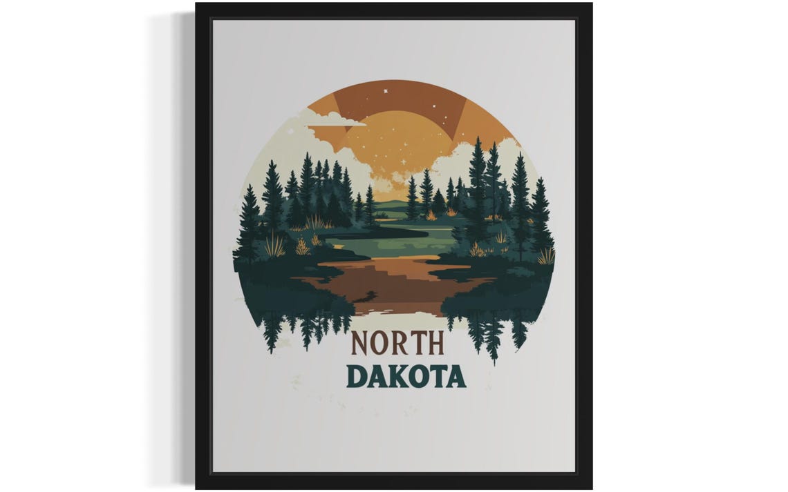 North Dakota Sunset Over Pine Forest Lake Vintage Travel Poster