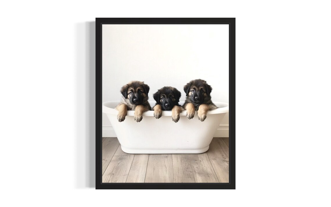 Three Leonberger Puppies in a White Clawfoot Tub Cute Big Dog Poster