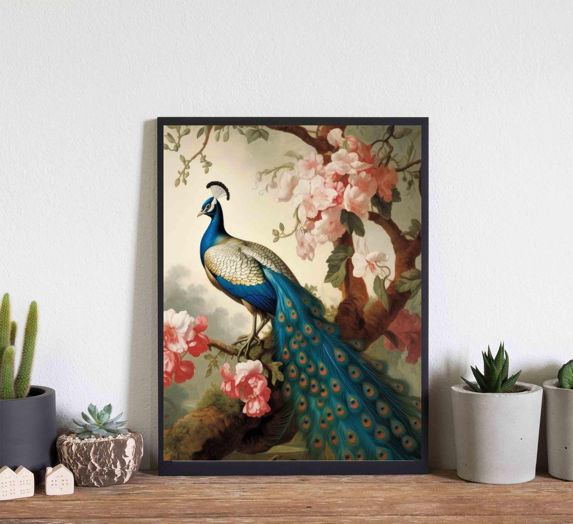 Peacock Perched High in a Flowering Tree Vintage Bird Art Poster - Image 4