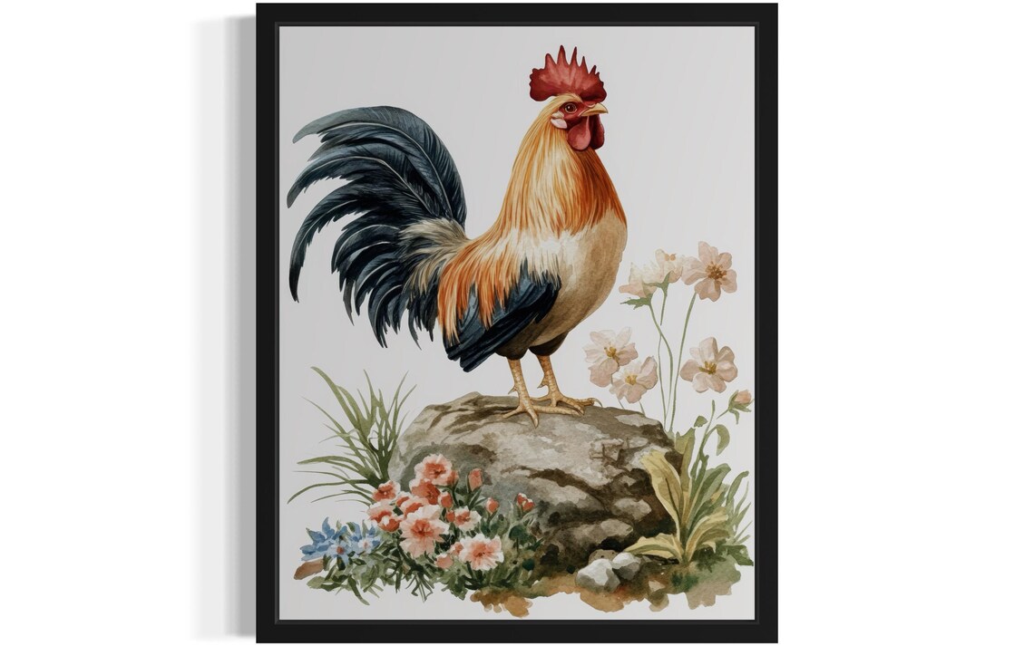 Rooster Standing on a Rock with Wildflowers Watercolor Poster