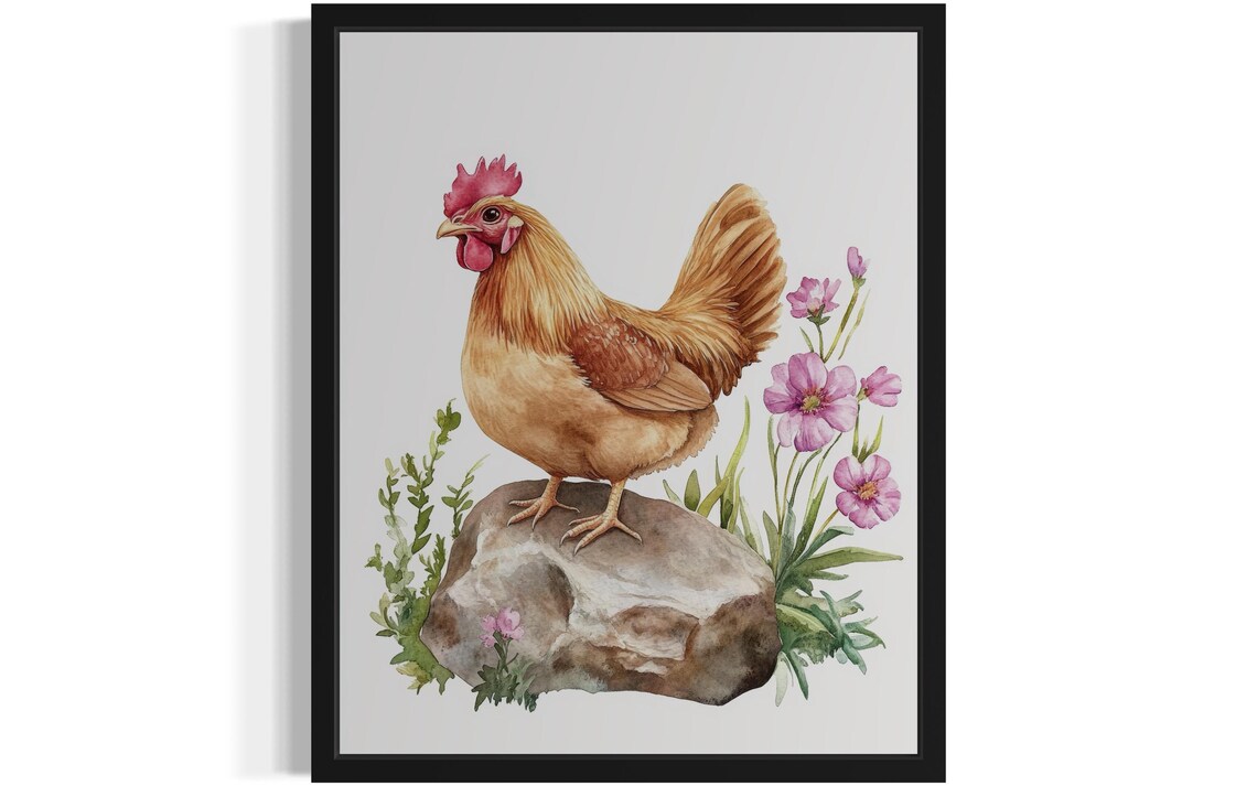 Proud Golden Rooster on Stone with Pink Flowers Watercolor Poster