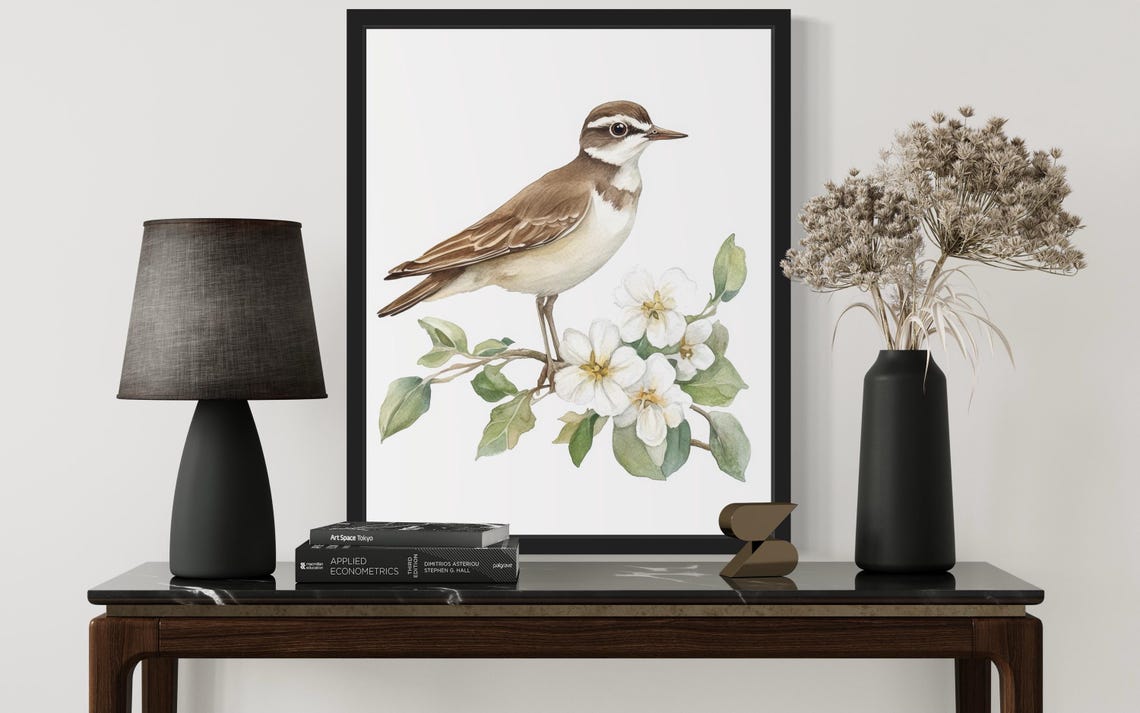 Killdeer Shorebird on a White Blossom Branch Watercolor Poster - Image 2