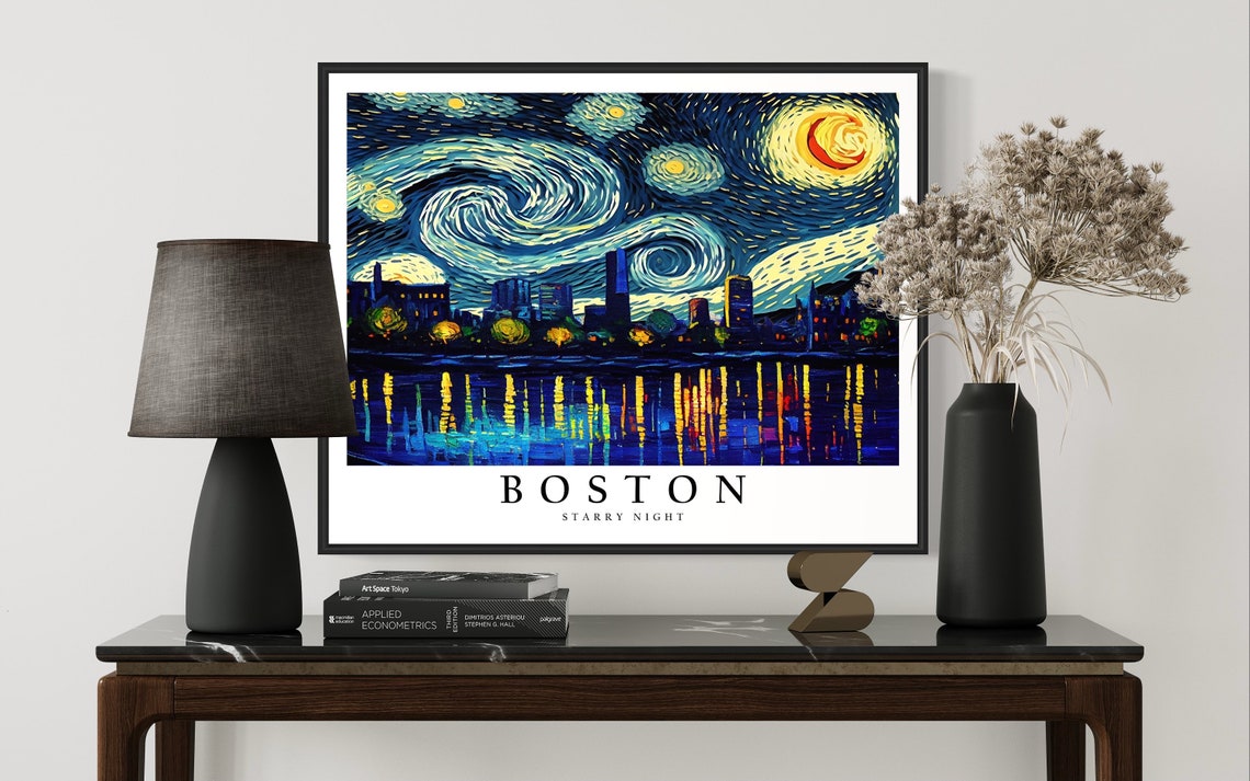 Boston Starry Night Waterfront Lights Reflection Skyline Poster - Image 3