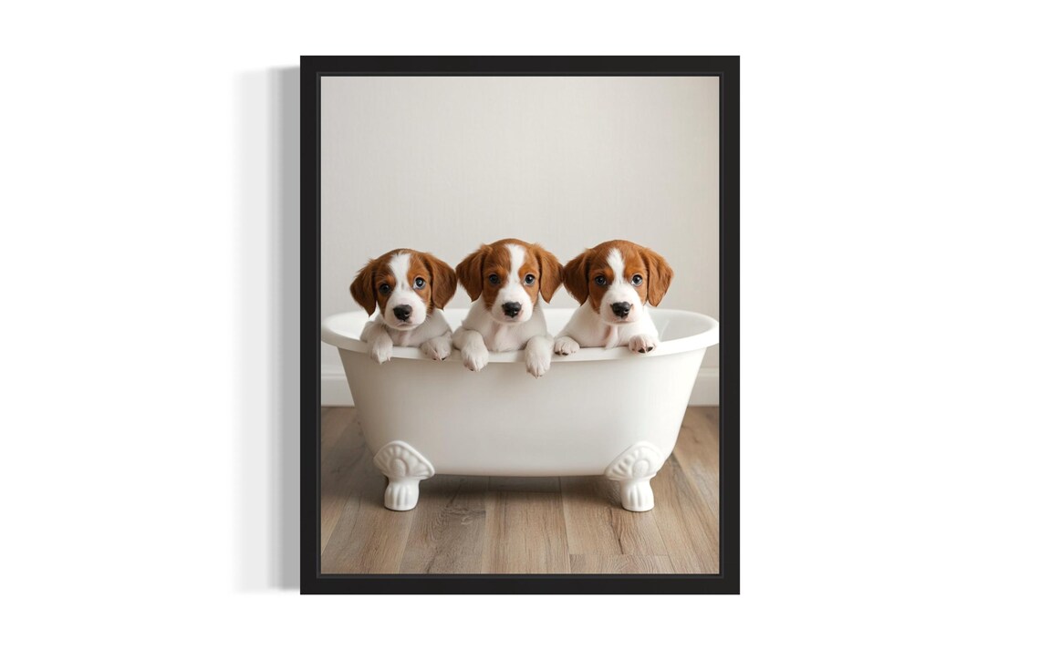 Three Brown and White Puppies in a White Bathtub Adorable Photo Poster