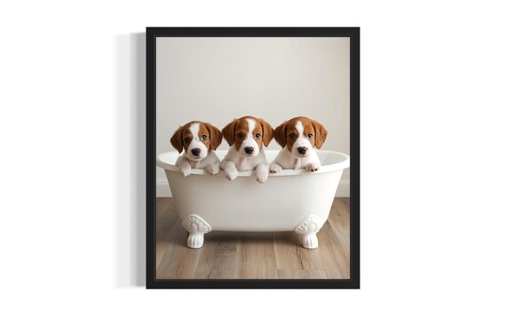 Three Brown and White Puppies in a White Bathtub Adorable Photo Poster