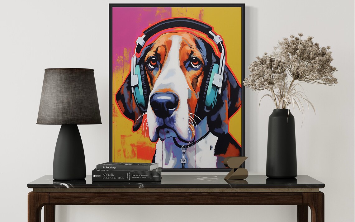 Foxhound Dog Wearing Teal Headphones Vivid Pop Art Music Poster - Image 3