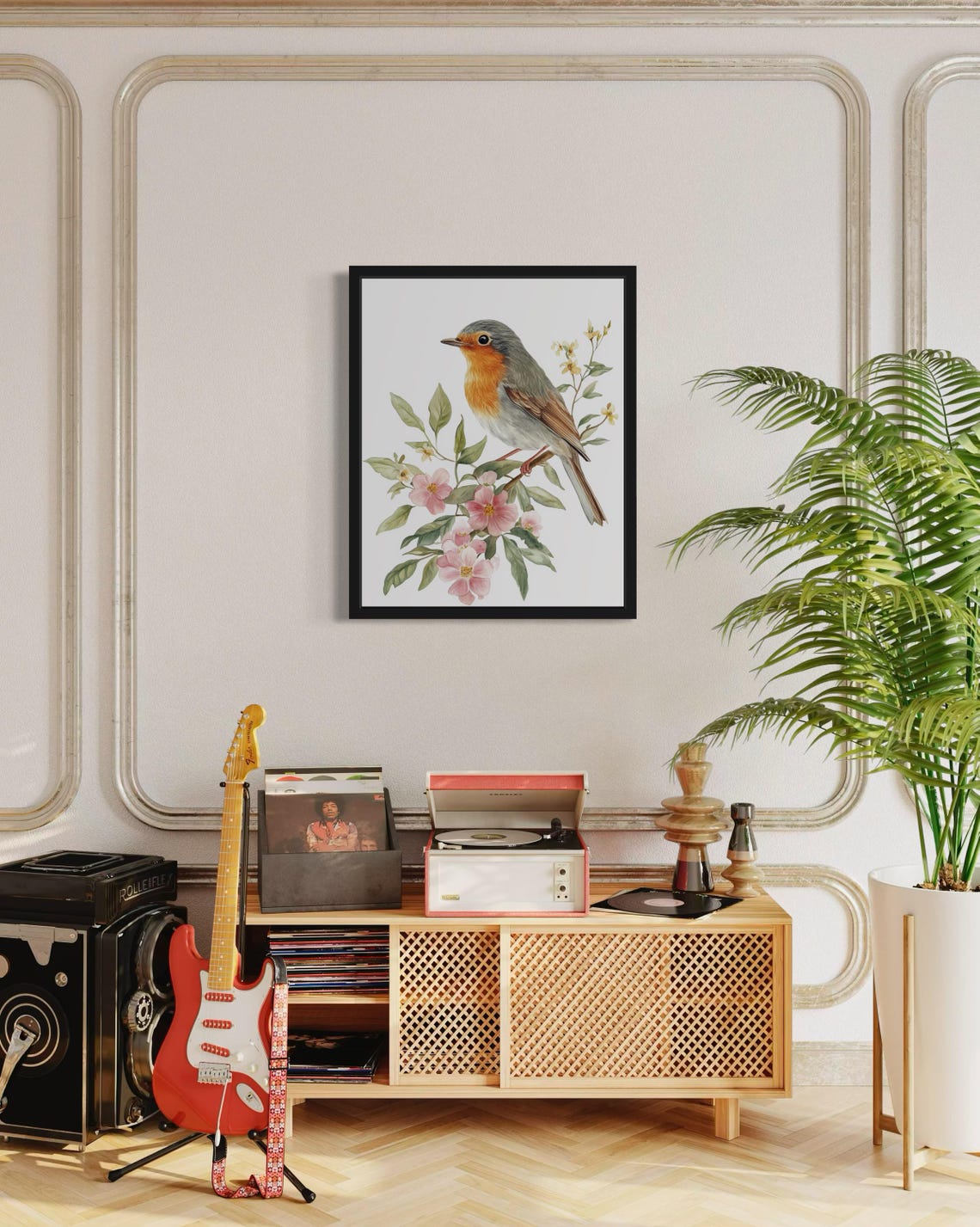European Robin on Flowering Branch Botanical Watercolor Poster - Image 4