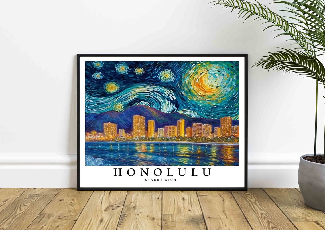Honolulu Starry Night Van Gogh Style Ocean Skyline Art Poster - Image 4