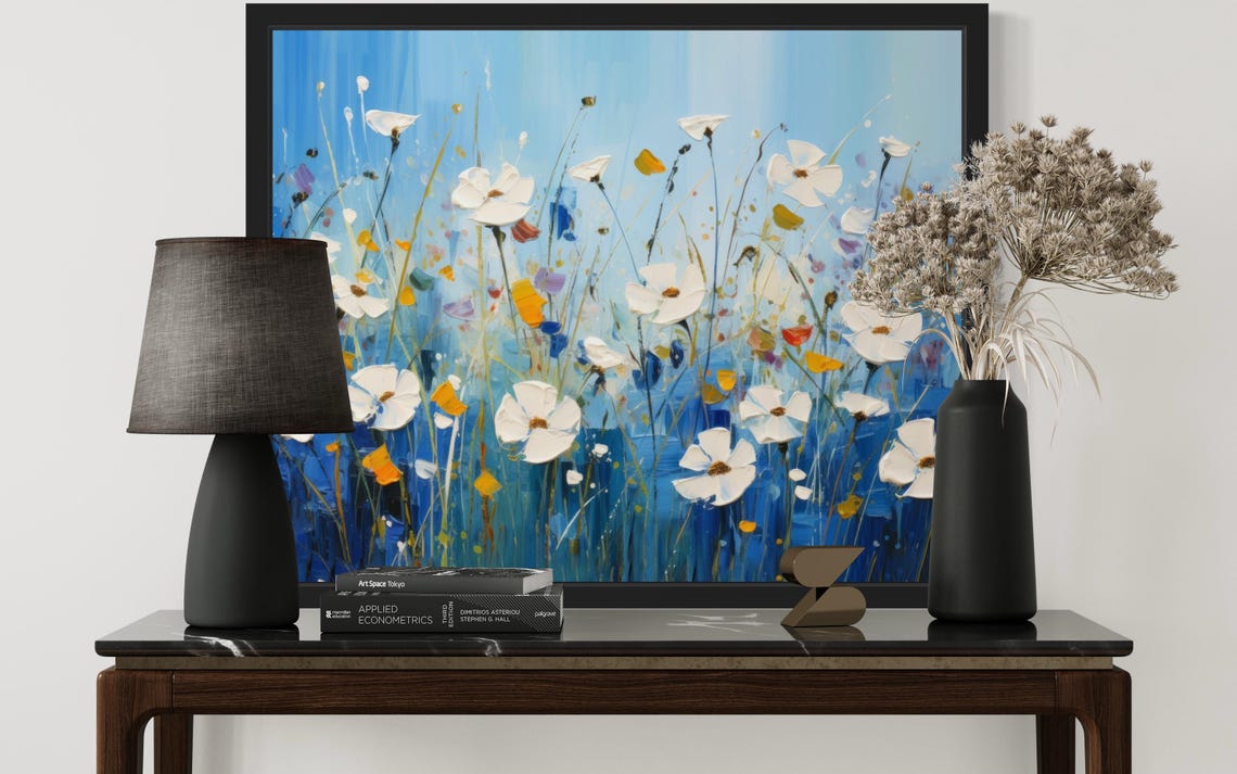 White Wildflowers Dancing Against Deep Blue Sky Painting Poster - Image 3
