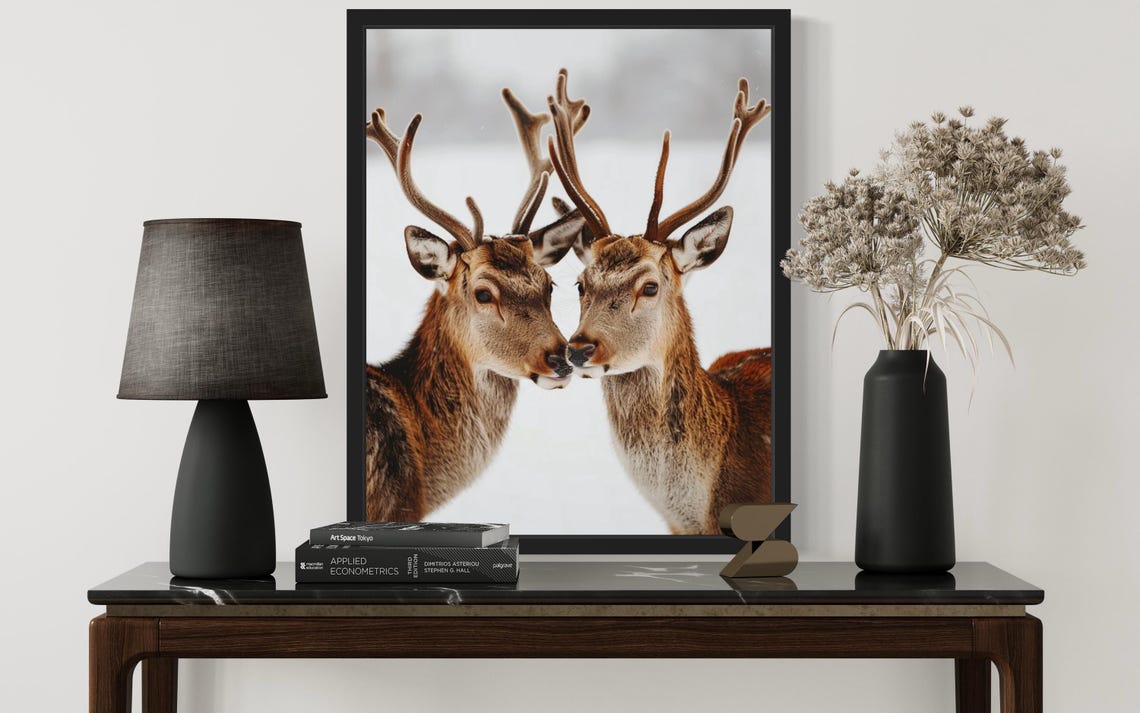 Two Young Deer Nose to Nose in Snowfall Minimalist Photo Poster - Image 2