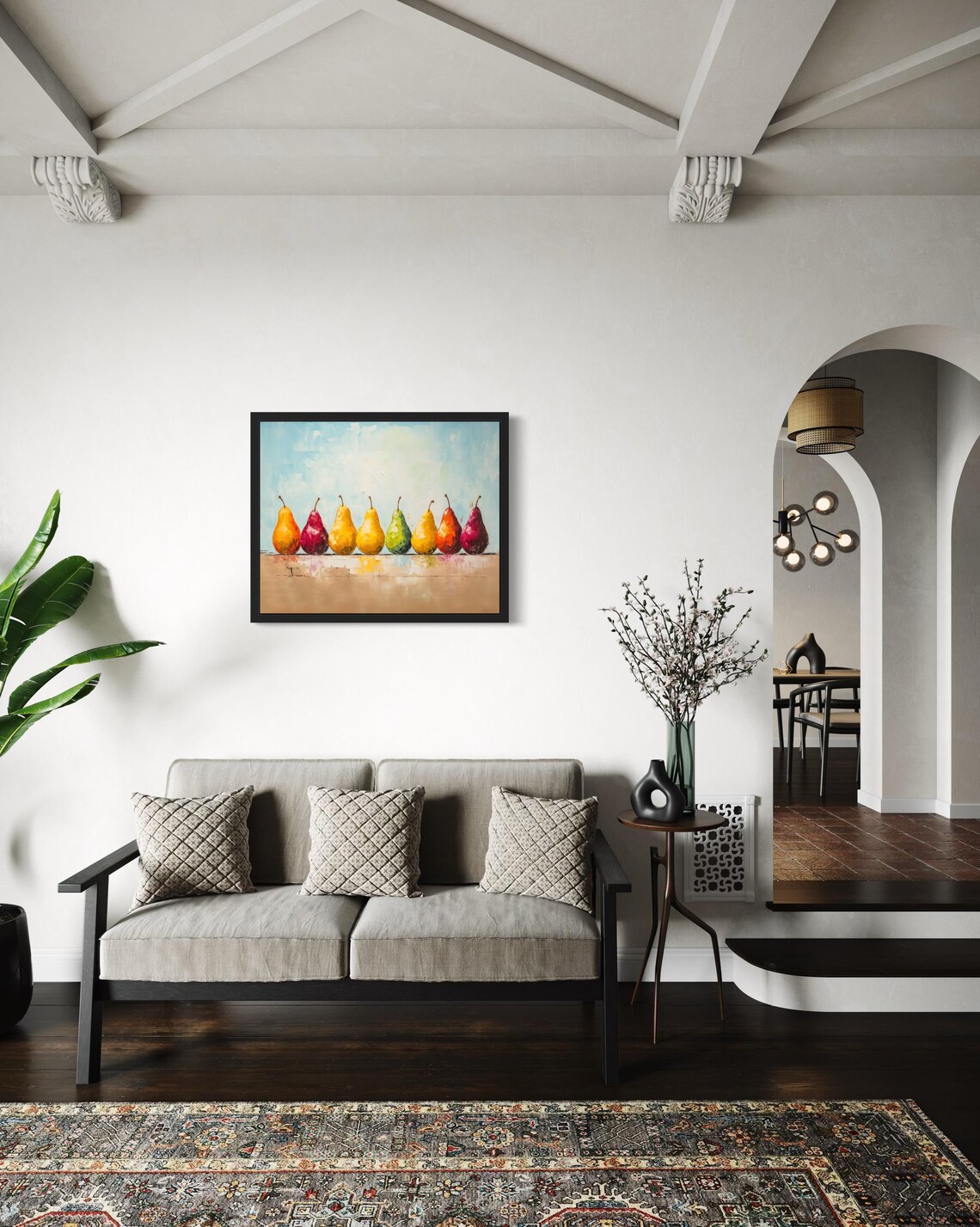 Colorful Row of Ripe Pears on Wooden Shelf Still Life Painting Poster - Image 2