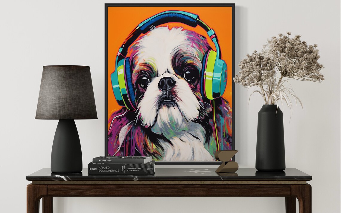 Shih Tzu Dog Wearing Bright Neon Headphones Pop Art Music Poster - Image 3