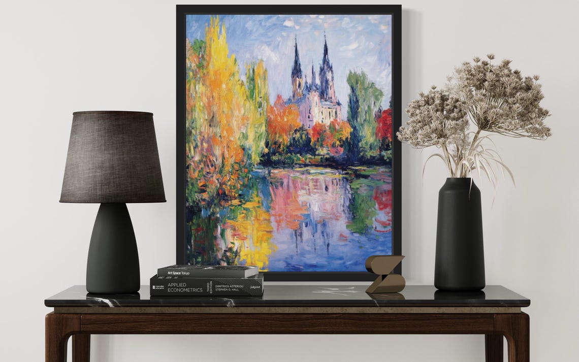 Poland Twin Spire Cathedral Riverside Autumn Monet Style Poster - Image 3