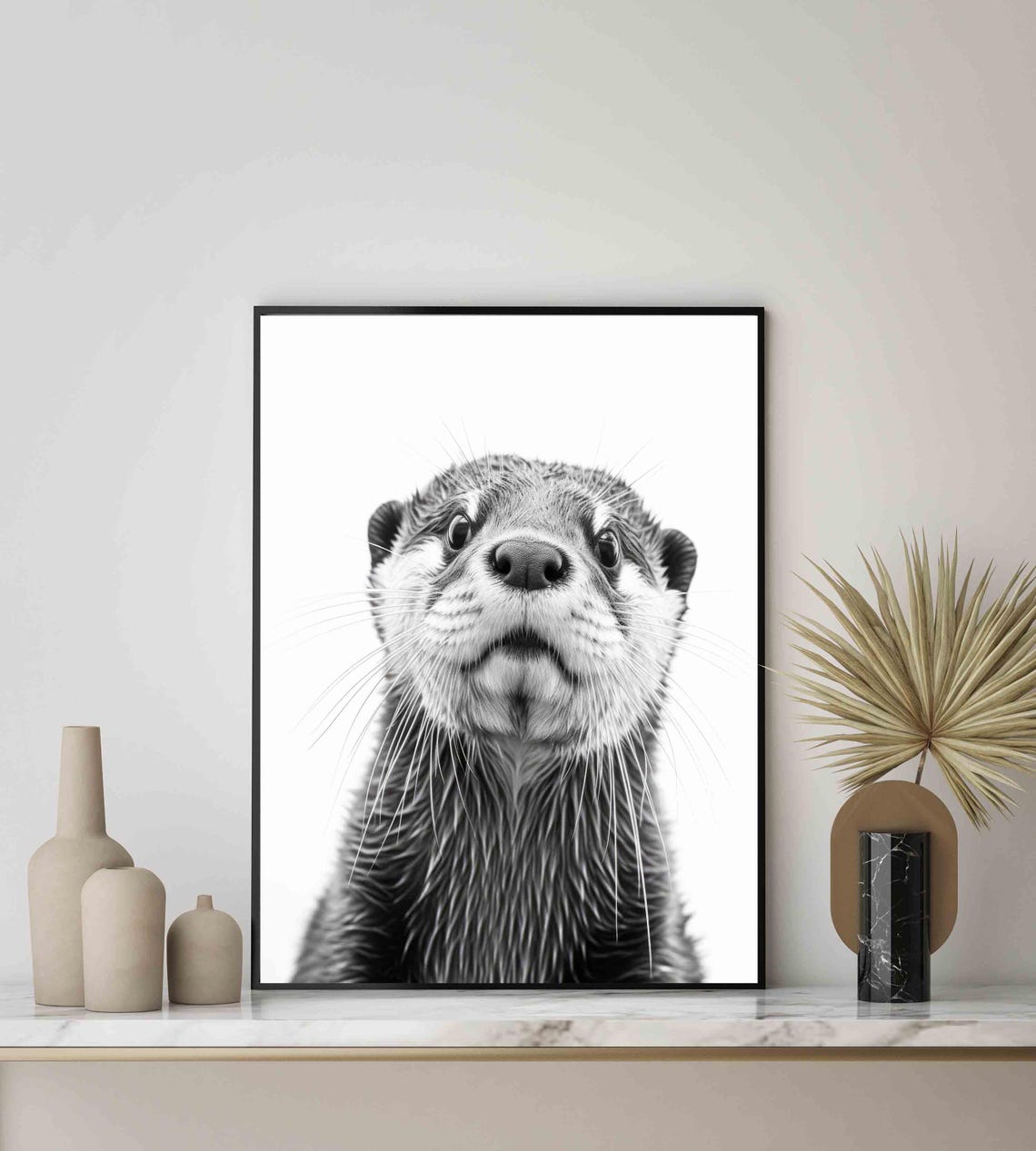 Curious Otter Face Close Up in Black and White Portrait Poster - Image 2