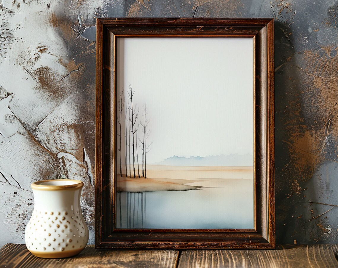 Rocky Seashore Bare Winter Trees Calm Lake Watercolor Art Poster