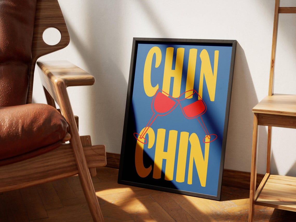 Chin Chin Wine Glasses Toast Blue Yellow Bold Kitchen Bar Party Poster - Image 3