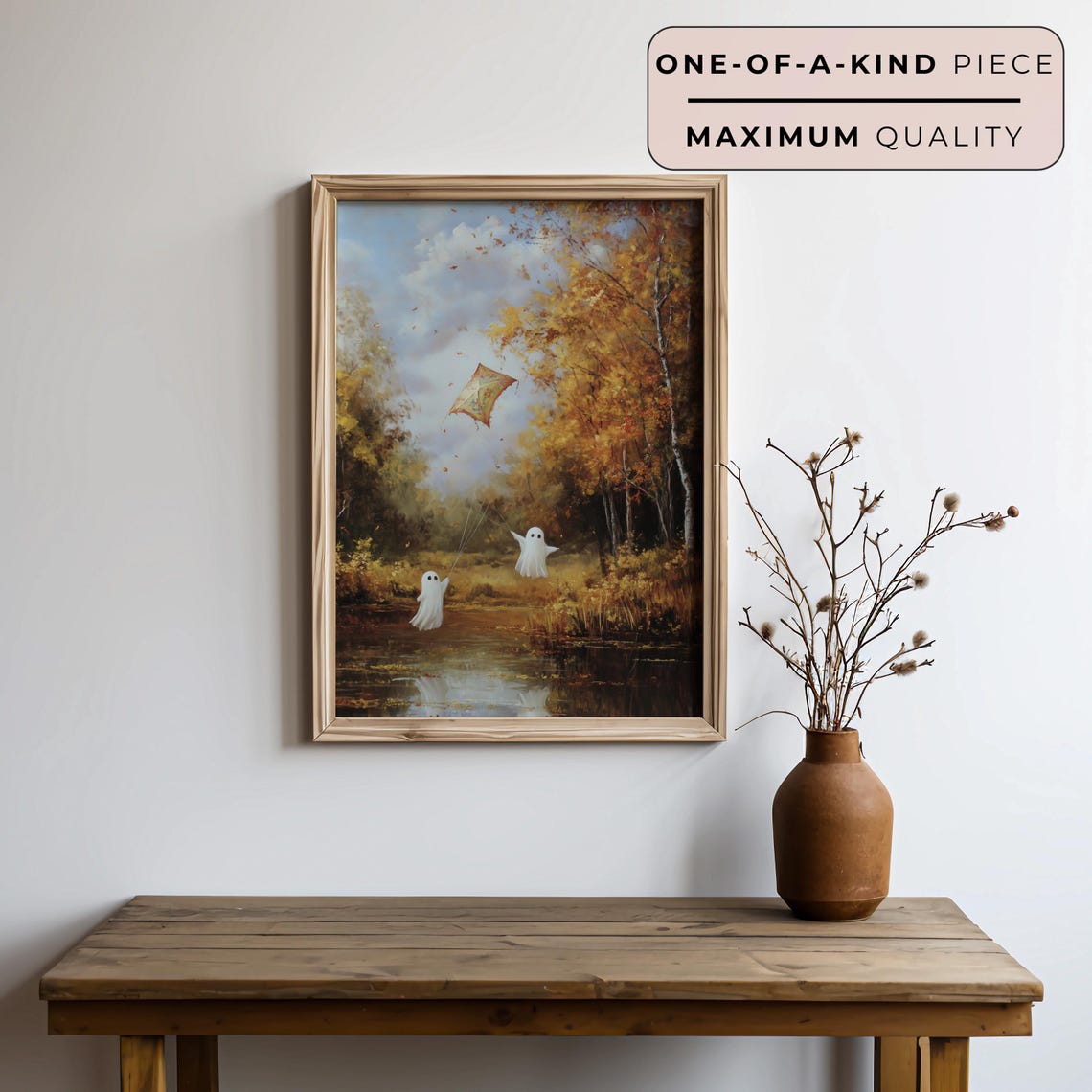 Two Cute Ghosts Flying Kite Art Vibrant Fall Pond Scenery Painting Autumn Authentic Art Print Fall Colors - Image 3