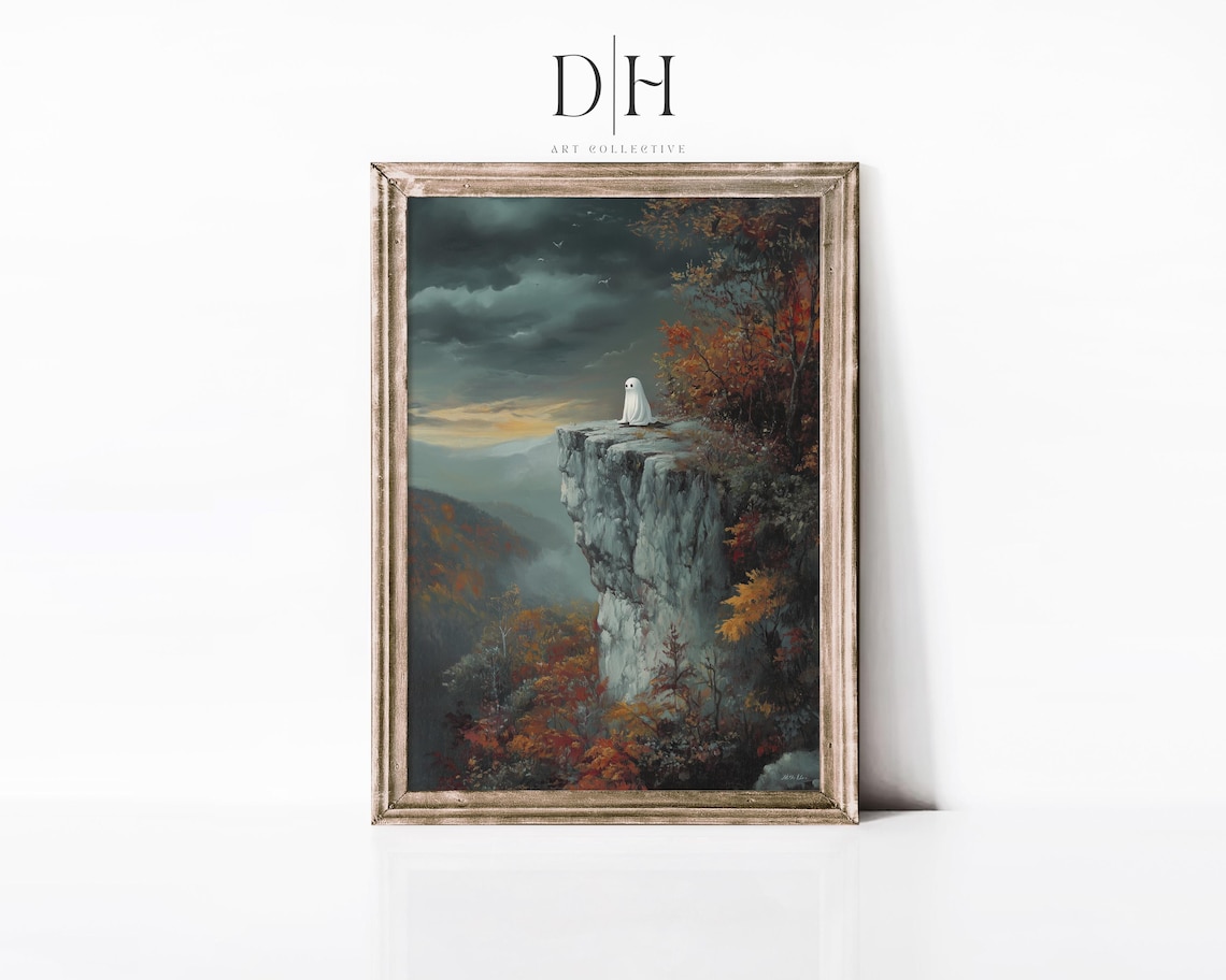 Lonely Ghost On Cliffside Overlook Moody Autumn Valley Sunset Art Poster