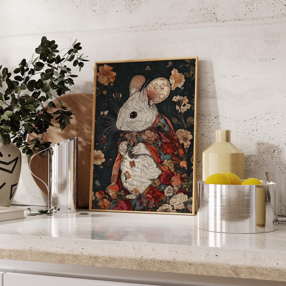 Chinchilla Floral William Morris Inspired Moody Navy Pet Art Poster - Image 2