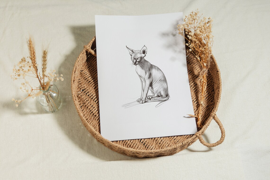 Sphynx Cat Sitting Pencil Sketch Hairless Cat Portrait Minimalist Art Print - Image 2