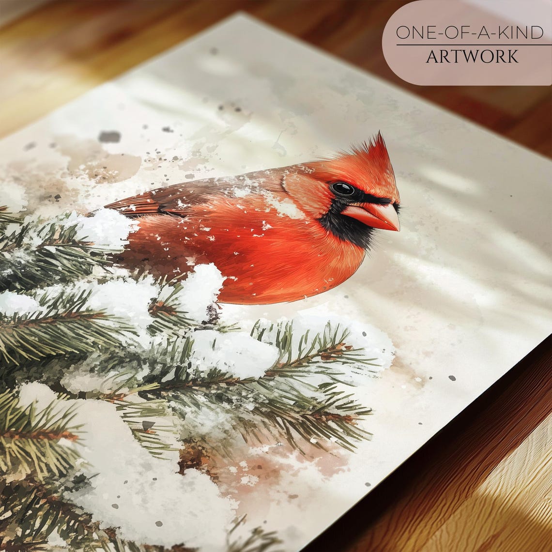 Red Cardinal On Snowy Pine Branch Winter Bird Watercolor Art Poster - Image 2