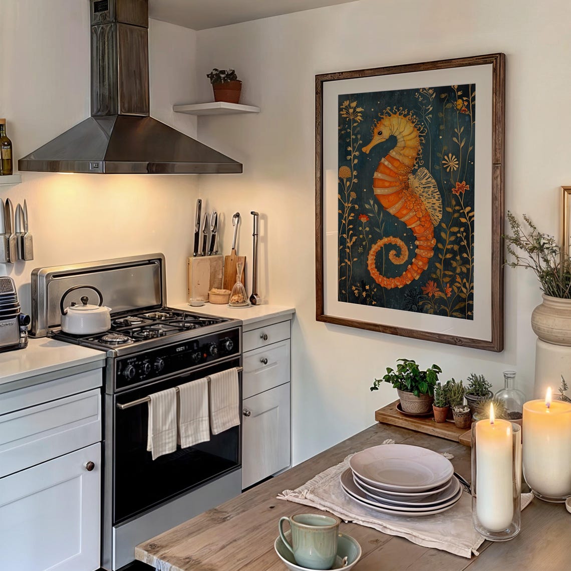 Orange Seahorse Golden Seaweed Deep Blue Nautical Nursery Art Poster - Image 2