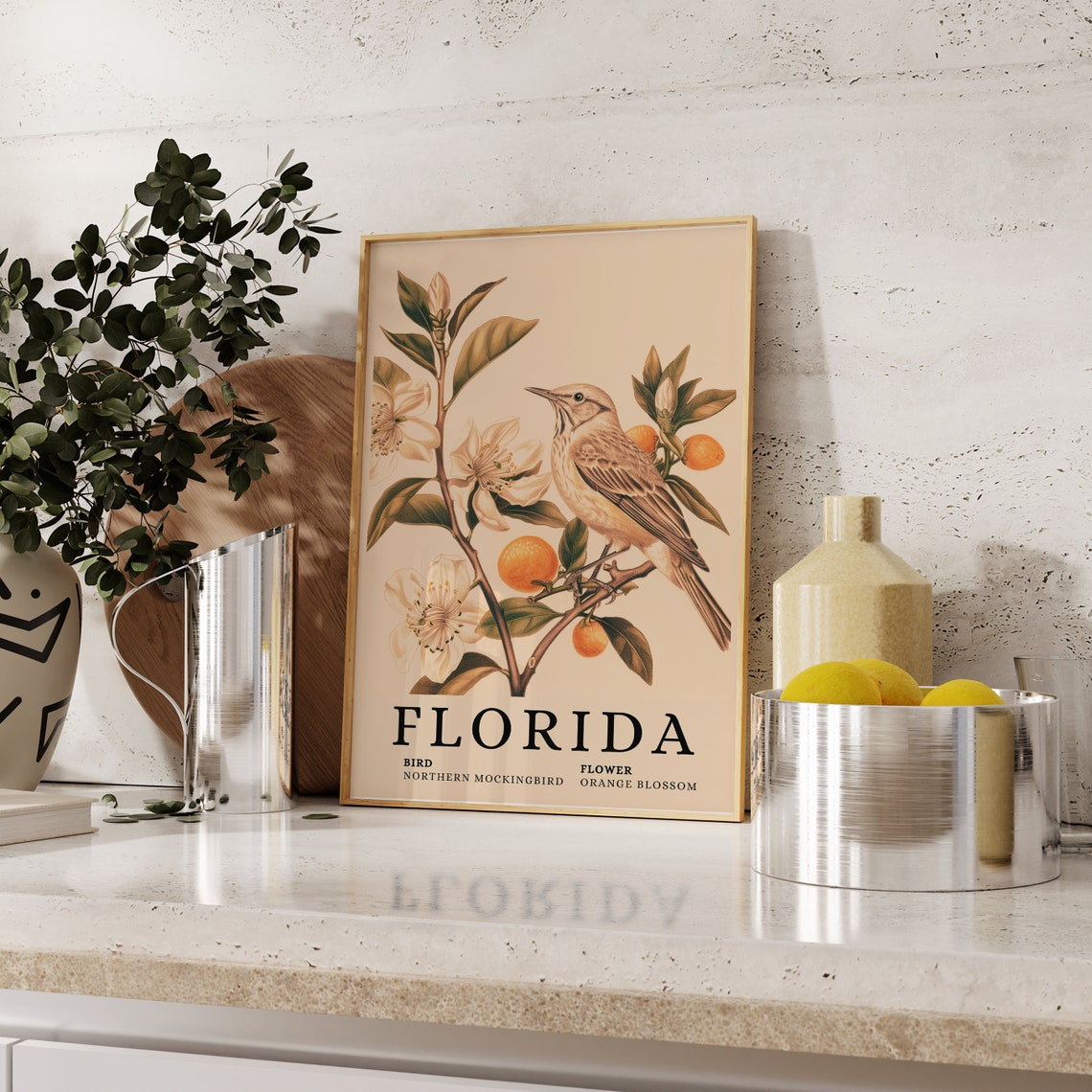 Florida Northern Mockingbird Orange Blossom Bird Flower Art Print - Image 2