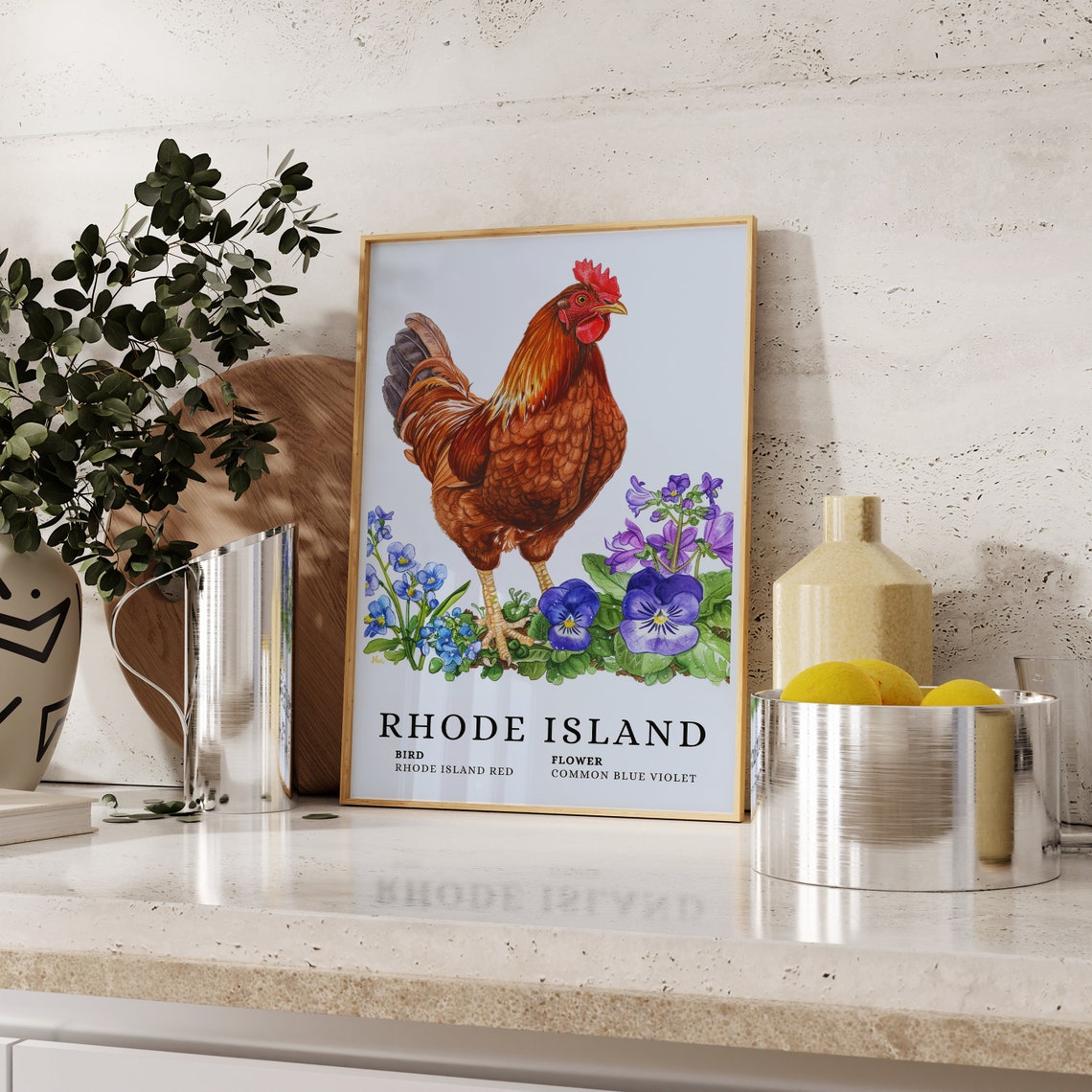 Rhode Island Red Common Blue Violet Bird and Flower Art Print - Image 2