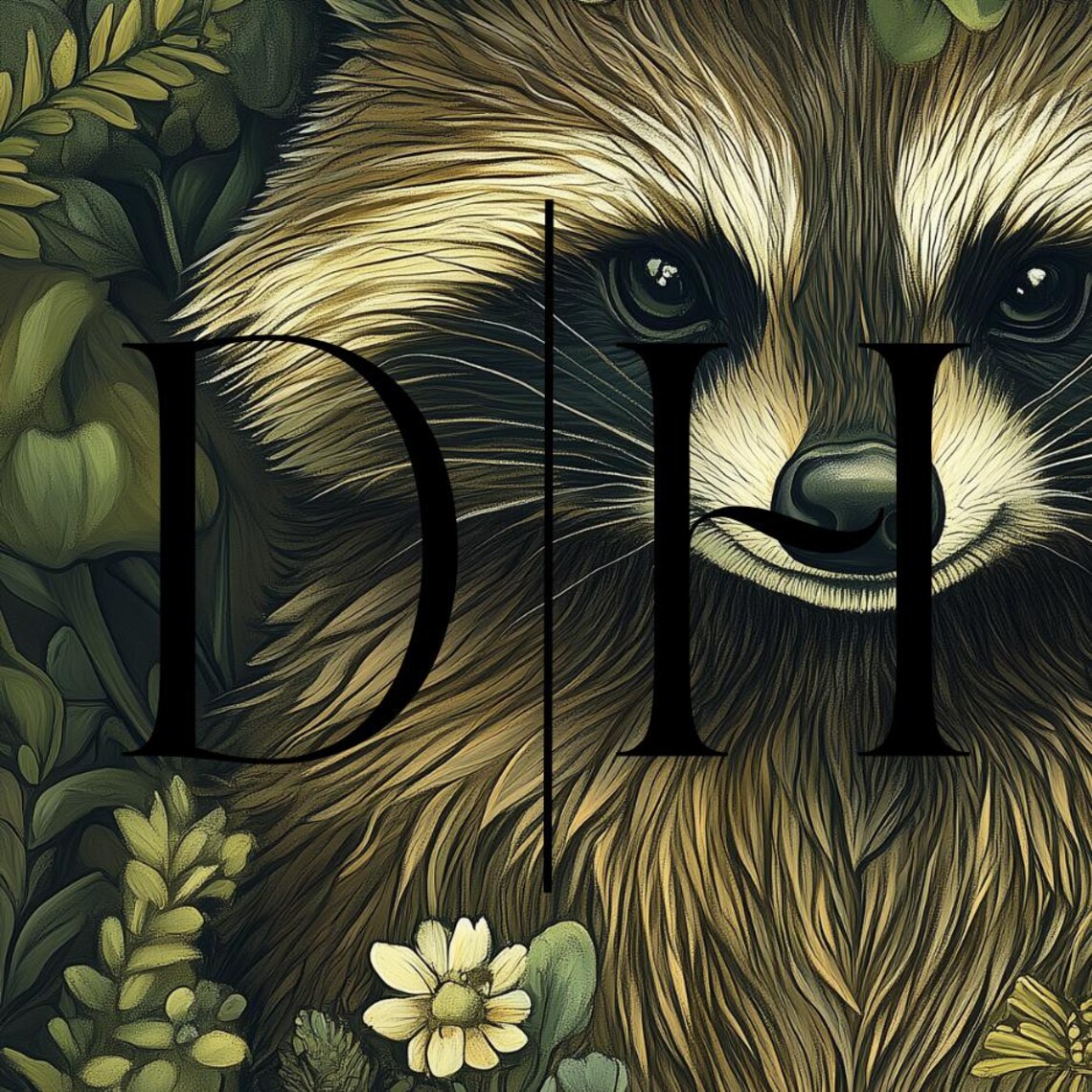 Raccoon Portrait Flower Crown Dark Green Botanical Nursery Art Poster - Image 3